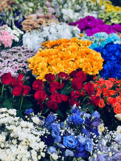 A vibrant display of freshly cut flowers arranged in a dense, colorful assortment. The foreground features bright red roses with velvety petals and dark green stems, surrounded by clusters of small wh