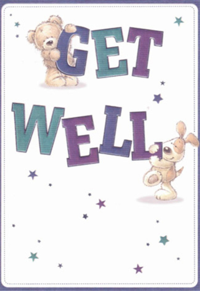 There's a sense of gentle encouragement that sings from this get well card, inspired by the caring spirit of North Harrow's neighbourhoods. Friendly illustrations depict a cuddly bear and a lively puppy, each gleaming with hope and positivity. Playful stars-scattered in sparkling blues and violets-dance around them, as if casting subtle wishes onto the clean, welcoming white backdrop. The typography is big and inviting, shaded with gradients of purple and aqua, grounding the message in steadfast optimism. The bear's fur appears exquisitely textured, and the puppy's ears seem velvety to the touch, evoking the sensory delight that comes with receiving freshly arranged flowers from your local Florist North Harrow shop. The overall ambiance is bright, light, and infused with affection, perfectly attuned to lifting someone's spirits during recovery. Just as a bouquet might carry the fragrance of community gardens near The Ridgeway, this charming card delivers a gentle rush of encouragement for loved ones in North Harrow-an ideal companion for a floral gift or a stand-alone gesture of heartfelt care.