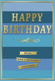 This refined birthday card captures a mood of gentle celebration through its calm blue palette and polished gold highlights, as if it were designed for a peaceful birthday morning in North Harrow. The background features wide horizontal stripes of blue, stacked from a deep, almost inky navy at the top down through layers of cobalt and teal to softer, airy blues at the bottom. This progression of shades creates a soft ombré effect, giving a sense of depth and a soothing, almost coastal calm. In the upper central area, the greeting "HAPPY BIRTHDAY" is embossed in prominent gold capital letters. The metallic gold has a subtle, warm sheen, and the raised texture of the lettering suggests quality craftsmanship, inviting touch as much as sight. Just beneath this central text, a delicate golden flourish extends across the width of the card, adding a hint of classical elegance, like a decorative motif you might pause to admire on a traditional shopfront near North Harrow station. Below the flourish, three narrow gold banners are aligned in a tidy vertical column. Each banner holds part of a simple, friendly instruction: "Relax, have a great day and enjoy!" The wording feels unhurried and reassuring, encouraging the recipient to treat their birthday as a day of ease and pleasure. A slim gold border runs around the outer edge, framing the blue stripes and tying the design together with a sense of order and completeness. The contrast between the matte blue background and the gleaming gold accents creates a tactile richness, making this card a natural companion for a thoughtfully arranged bouquet delivered locally, adding warmth and understated elegance to a North Harrow birthday celebration.